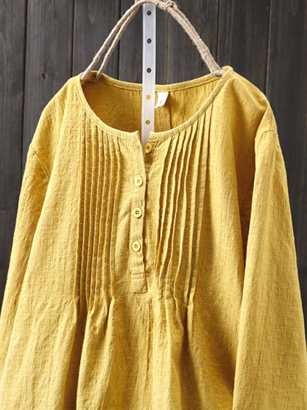 Kvinne Langermet Skjorte Rund Hals Plisserte Bomull Lin 1