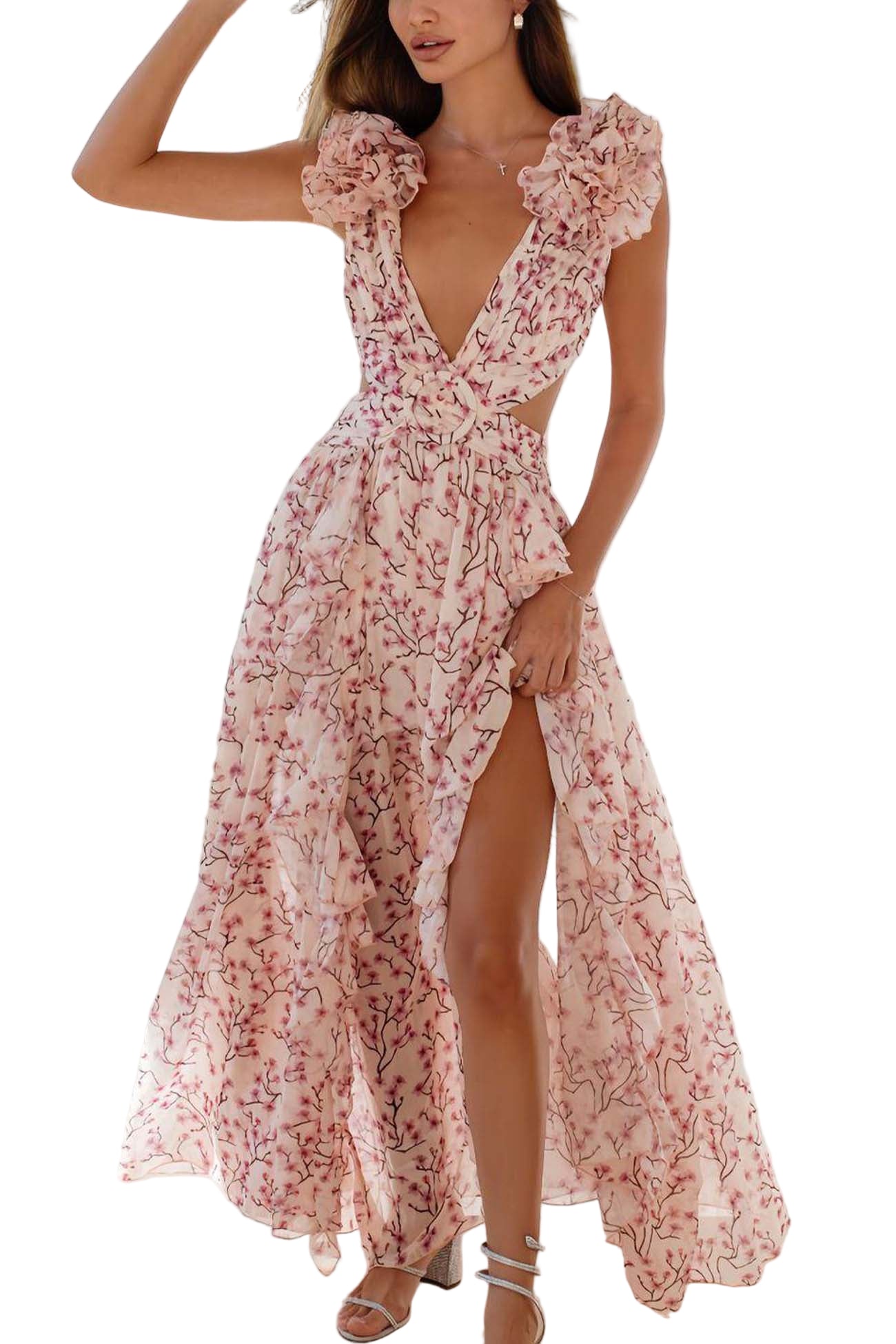 Kvinne Maxi Kjole Dyp V-Hals Med Volanger 0