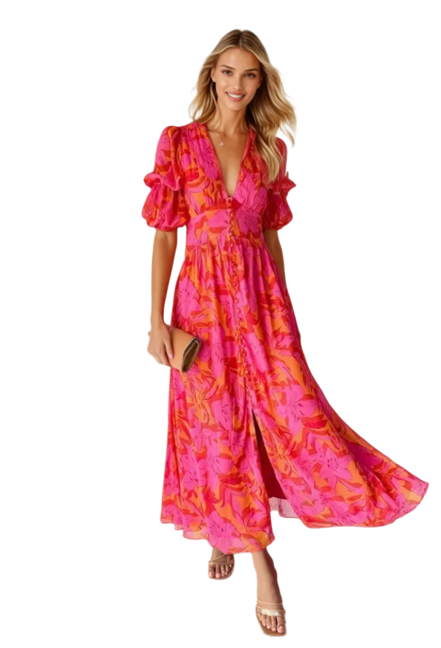 Kvinne Maxi Kjole Flott V-Hals Lett Stoff 0