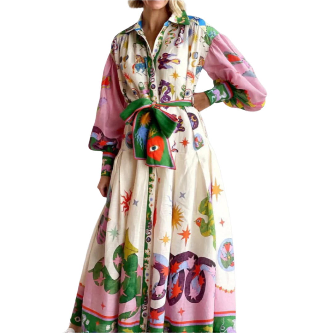 Kvinne Maxi Kjole Med Voluminøse Ermer Og Belte 0