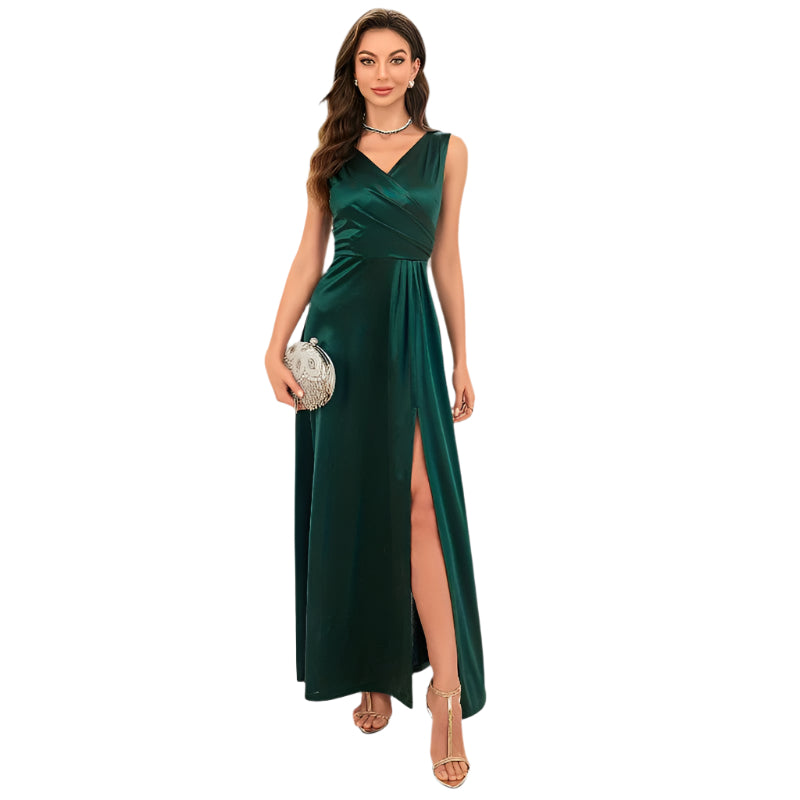 Kvinne Maxi Kjole Uten Ermer V-Hals Satin 0