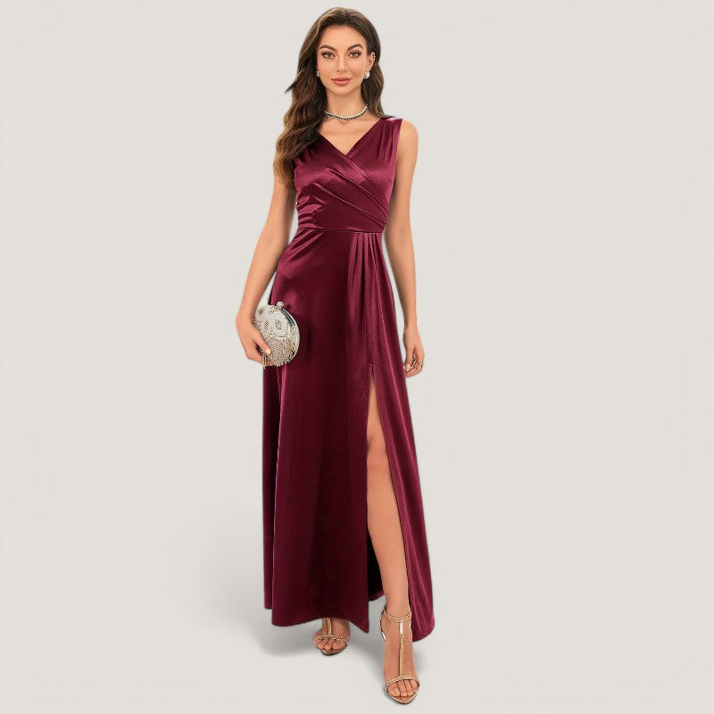 Kvinne Maxi Kjole Uten Ermer V-Hals Satin 1