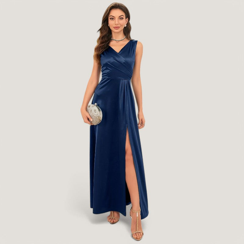 Kvinne Maxi Kjole Uten Ermer V-Hals Satin 2