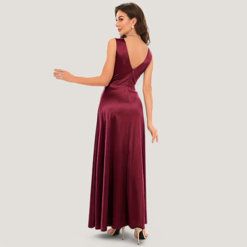 Kvinne Maxi Kjole Uten Ermer V-Hals Satin 3