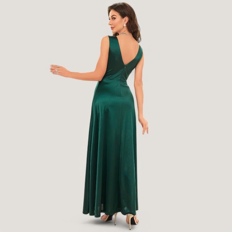 Kvinne Maxi Kjole Uten Ermer V-Hals Satin 4