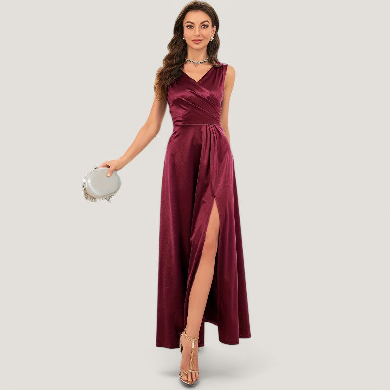 Kvinne Maxi Kjole Uten Ermer V-Hals Satin 5