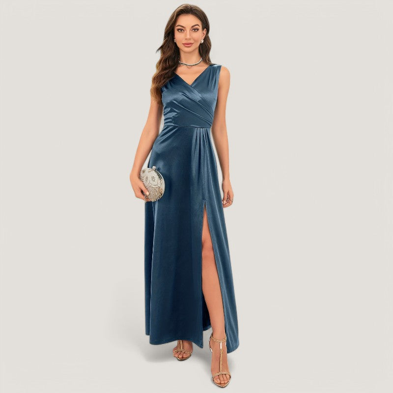 Kvinne Maxi Kjole Uten Ermer V-Hals Satin 7