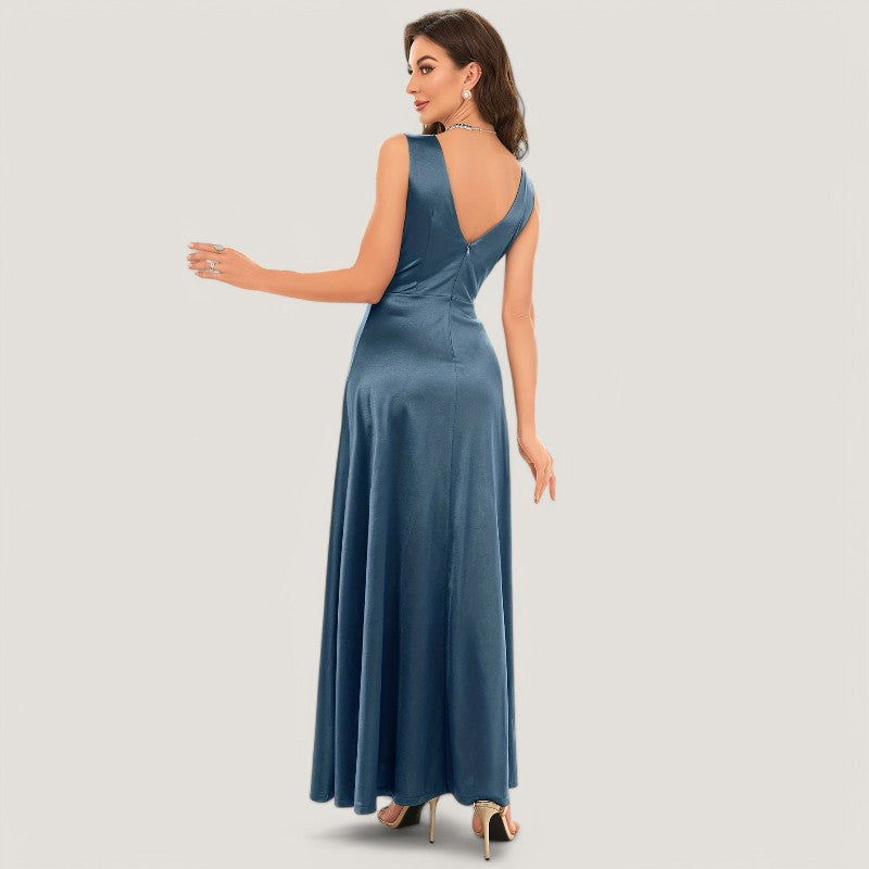 Kvinne Maxi Kjole Uten Ermer V-Hals Satin 8