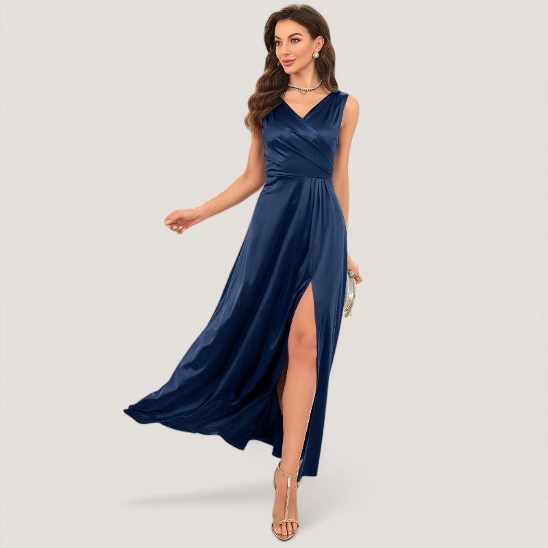 Kvinne Maxi Kjole Uten Ermer V-Hals Satin 9