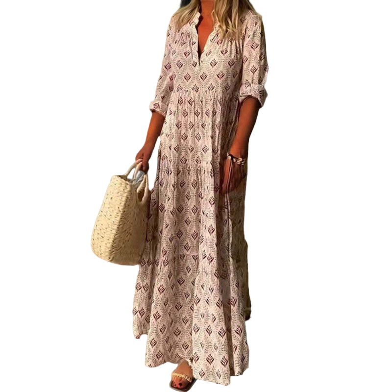 Kvinne Maxi Kjole V-Hals Vintage Print 0