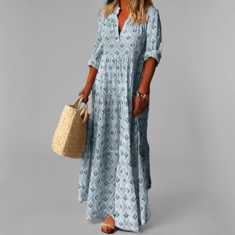 Kvinne Maxi Kjole V-Hals Vintage Print 3
