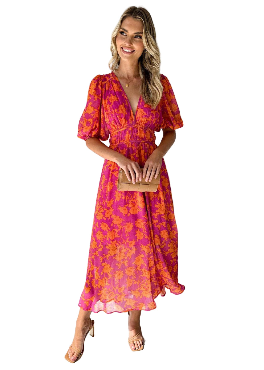 Kvinne Maxi Kjole med Blomsterprint og Pufferm 0