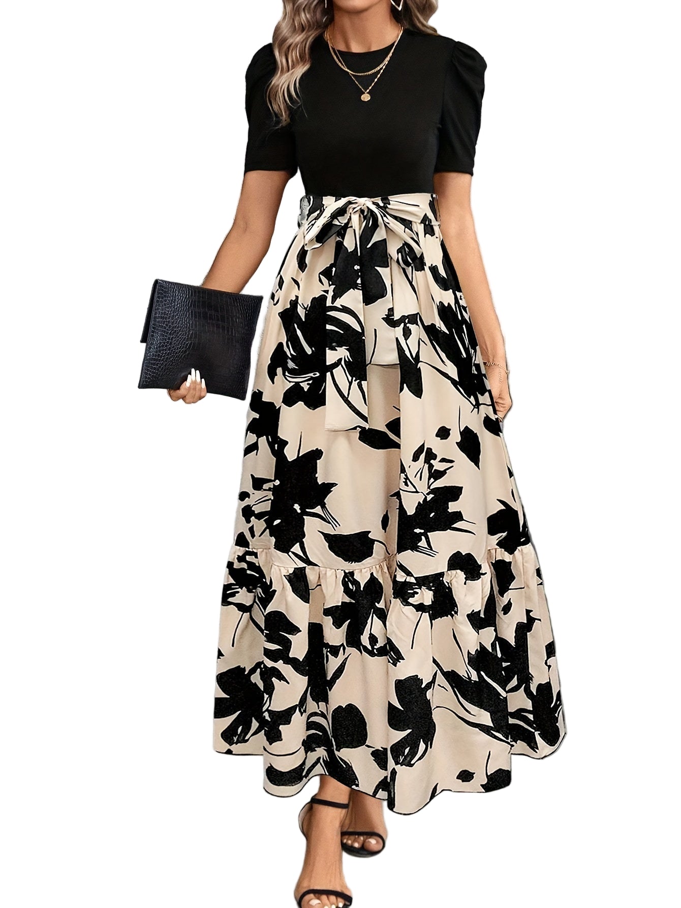 Kvinne Maxikjole A-Linje Puff Korte Ermer Blomsterprint Bomullsblanding 0