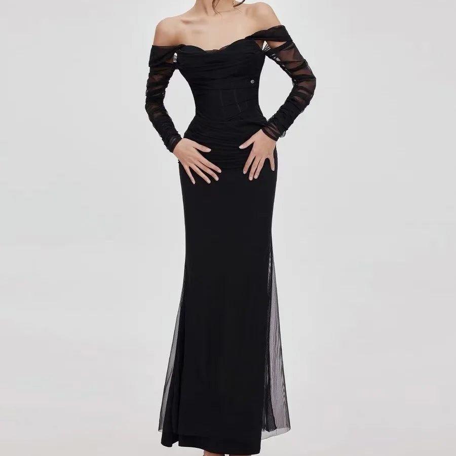 Kvinne Mermaid Kjole Off-Shoulder Mesh Detaljer Bodycon 1