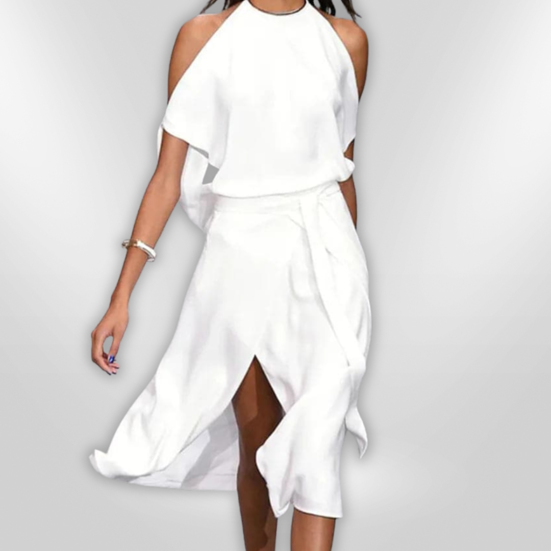 Kvinne Midi Kjole Åpen Skuldre Lett Pustende Stoff 3