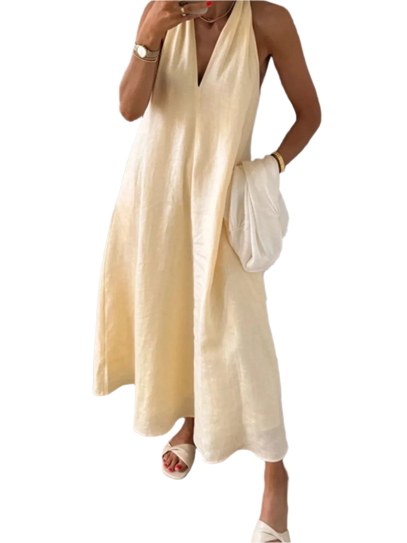 Kvinne Midi Kjole Halterneck Linstoff 0