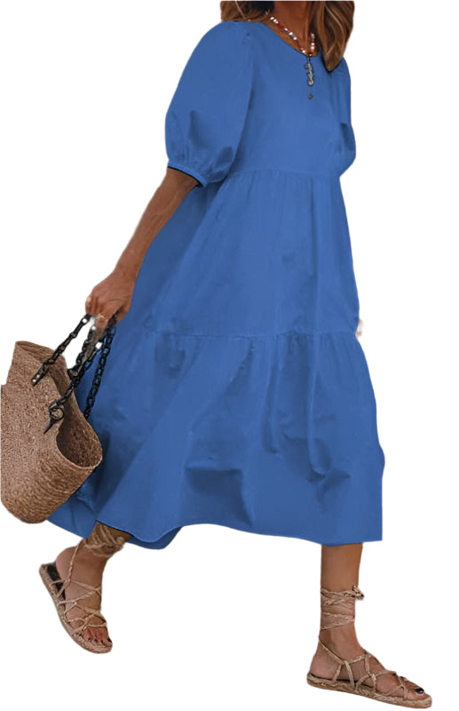 Kvinne Midi Kjole Rund Hals Puffermansjett Linblanding 0