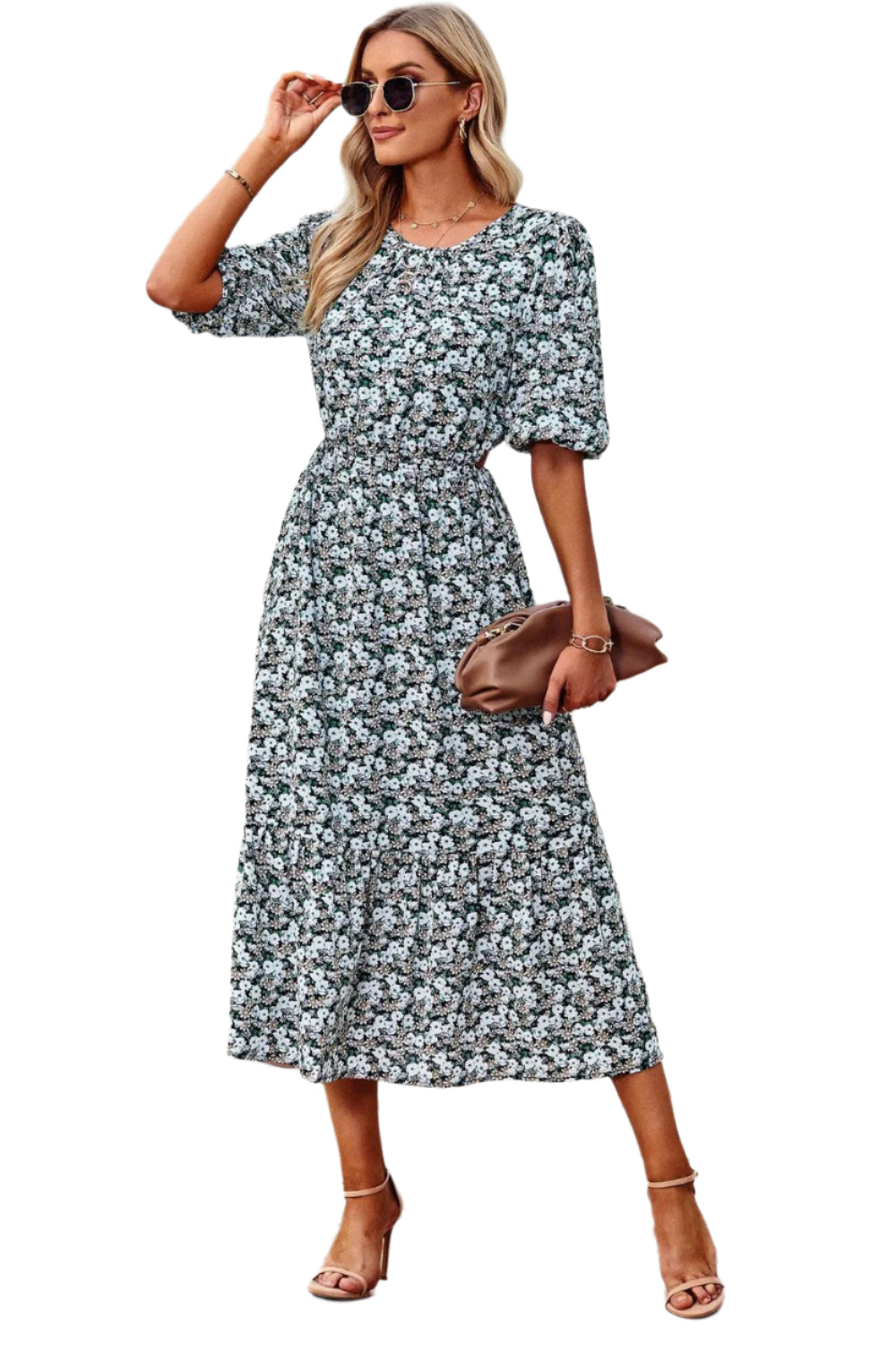 Kvinne Midi Kjole med Blomsterutskjæring og Pufferm 0