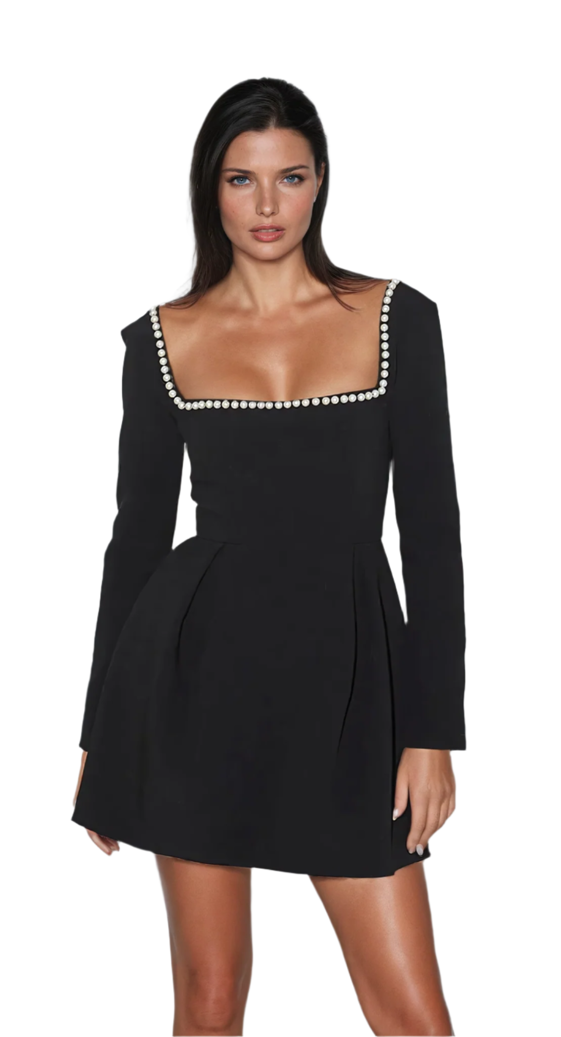 Kvinne Mini Kjole med Perledetaljer og Lange Ermer 0