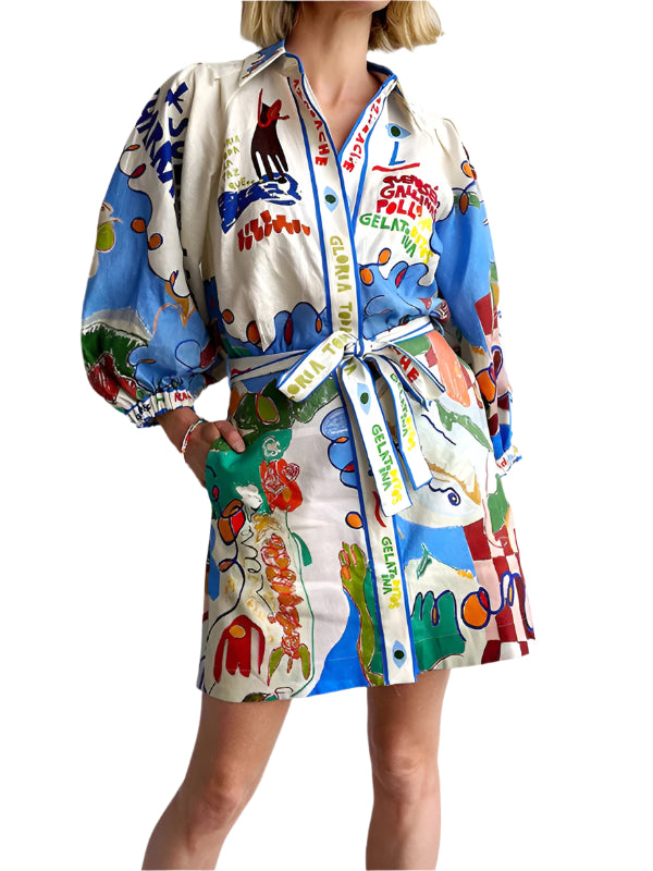 Kvinne Mini Skjortekjole Graffiti Print Linned 0