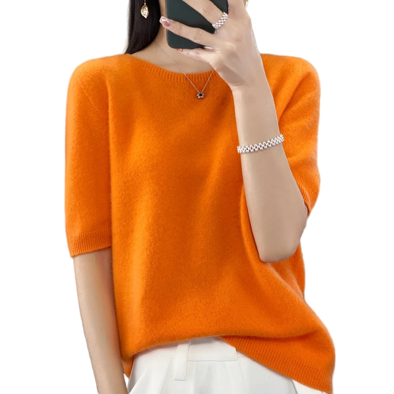 Kvinne O-hals T-skjorte Strikket Merinoull 0