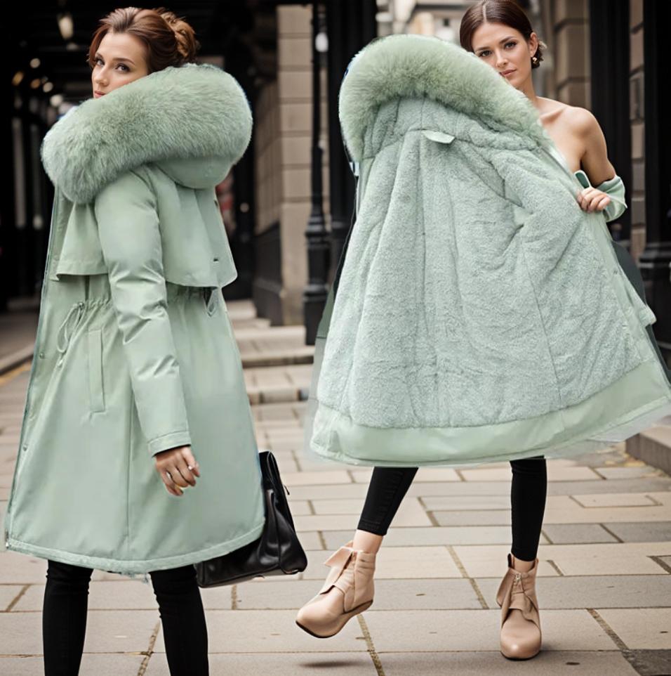 Kvinne Quilted Frakk med Fuskepelshette 3