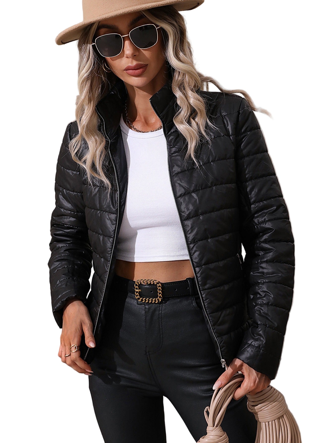 Kvinne Quilted Jakke - Strømlinjeformet Passform - Vanntett - Høyt Liv - Glidelås Front 0