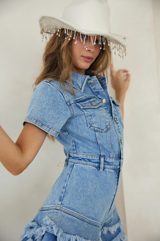 Kvinne Romper Denim Med Knapper Frayed Hem 5
