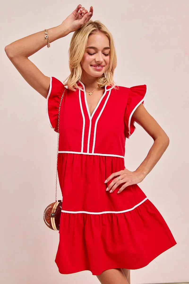 Kvinne Ruffled Kjole Med Kontrastbinding 100% Bomull 3