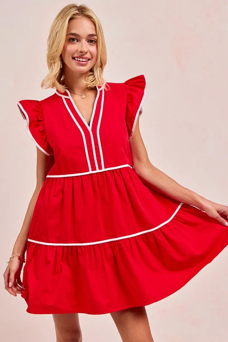 Kvinne Ruffled Kjole Med Kontrastbinding 100% Bomull 5