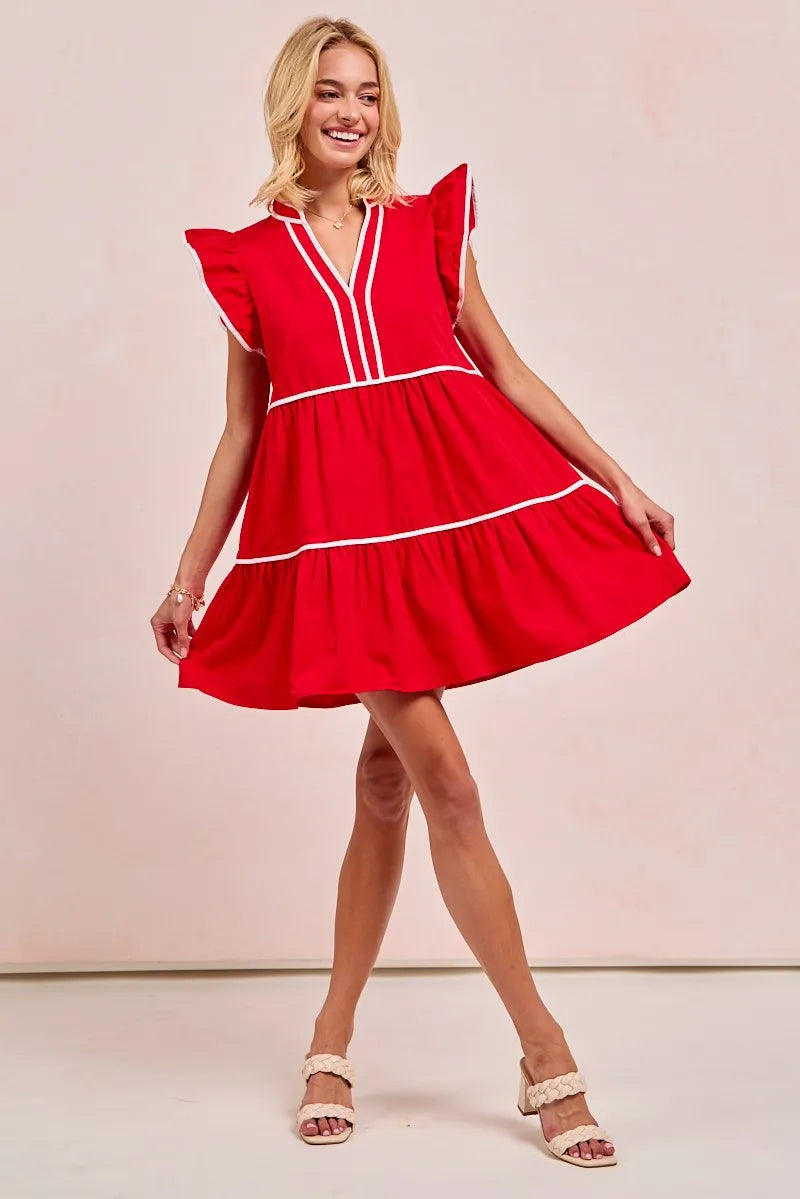 Kvinne Ruffled Kjole Med Kontrastbinding 100% Bomull 6