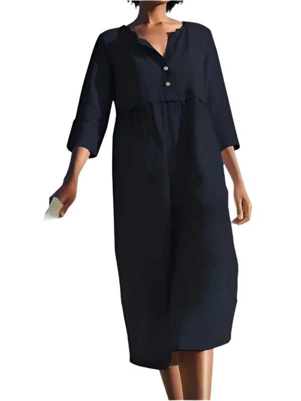 Kvinne Rund Hals Knappe Lommer Kjole i Bomull og Lin 2