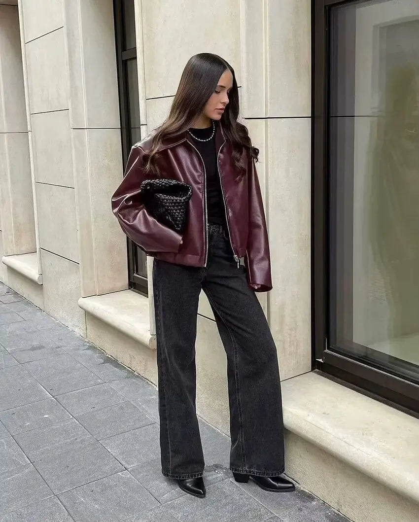 Kvinne Skinnjakke med Glidelås og Klassisk Krage 3