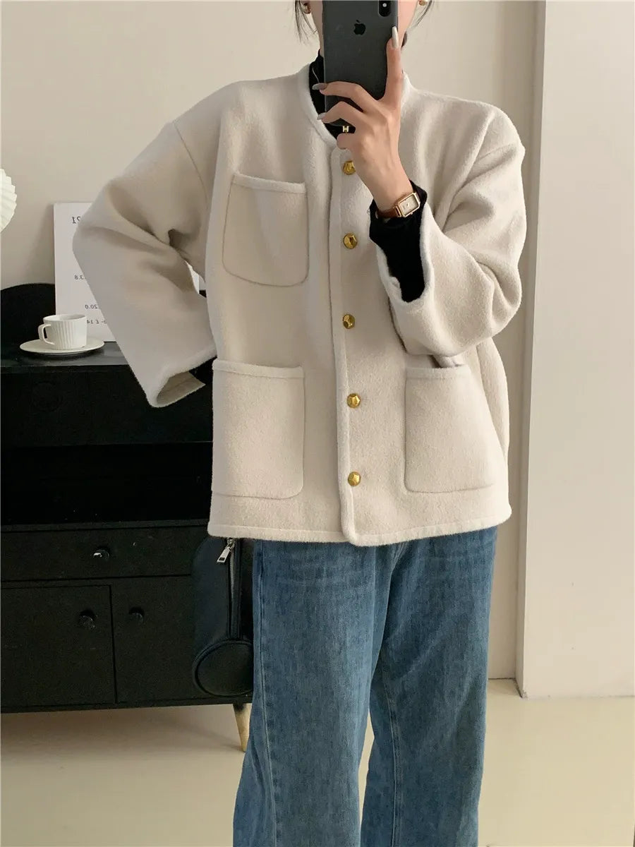 Kvinne Strikket Cardigan – Avslappet Passform – Ullblanding – Knappefront – Lommer 0