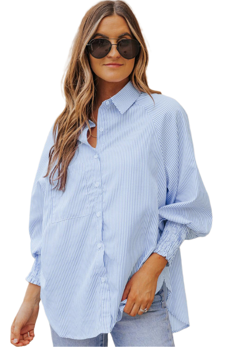 Kvinne Striped Lantern Sleeve Collared Shirt Polyester 0