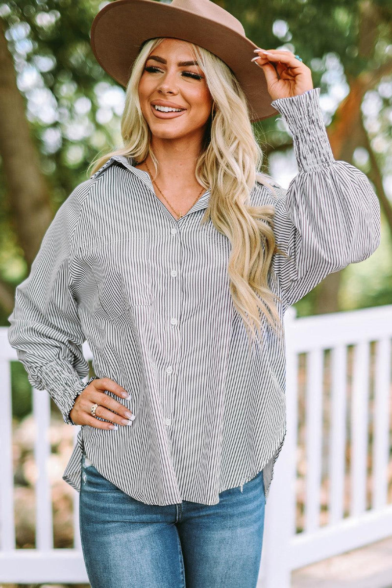 Kvinne Striped Lantern Sleeve Collared Shirt Polyester 10