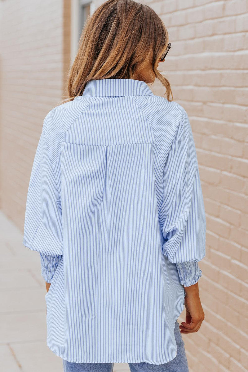 Kvinne Striped Lantern Sleeve Collared Shirt Polyester 1