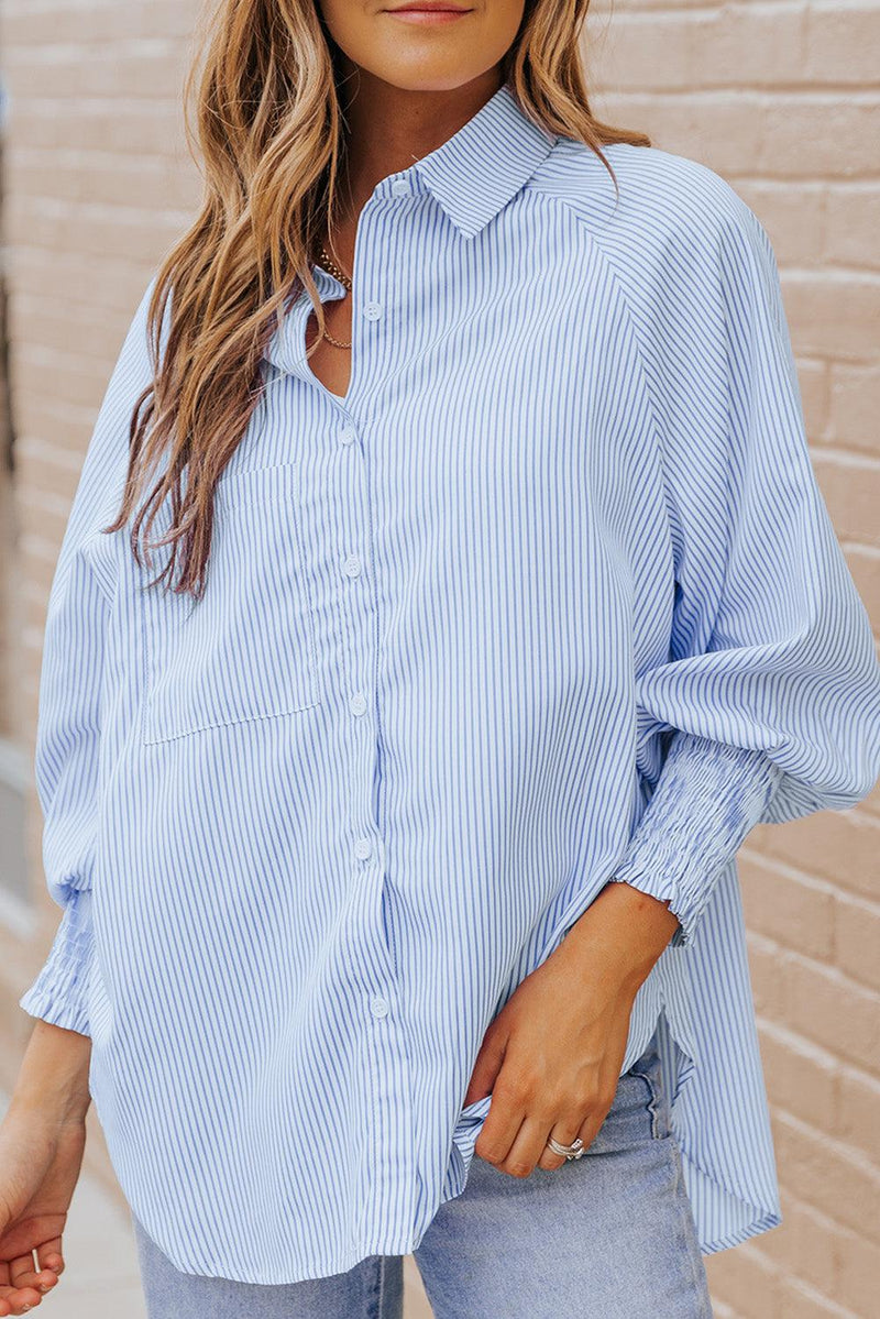 Kvinne Striped Lantern Sleeve Collared Shirt Polyester 2