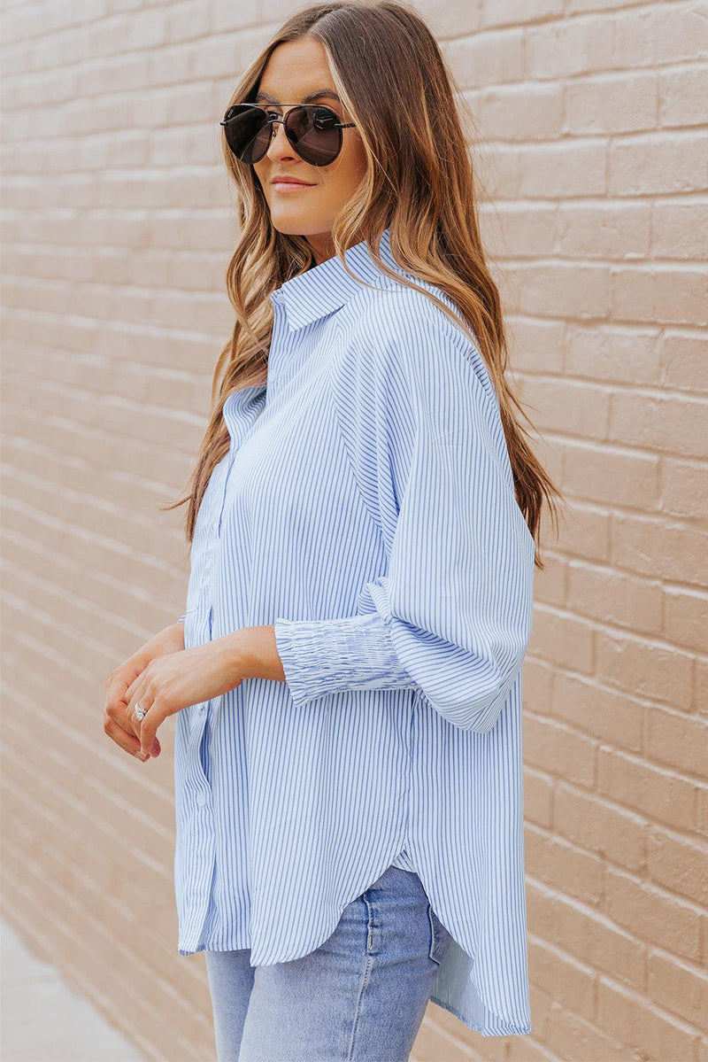 Kvinne Striped Lantern Sleeve Collared Shirt Polyester 3