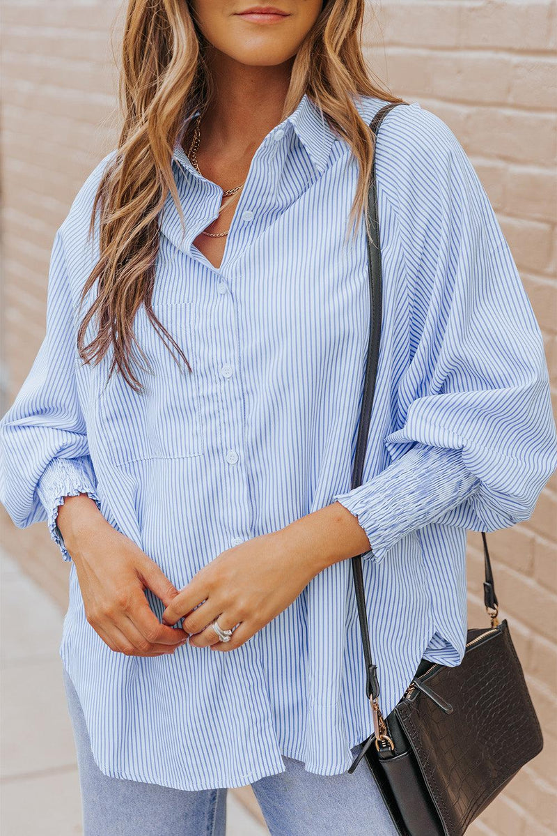 Kvinne Striped Lantern Sleeve Collared Shirt Polyester 5