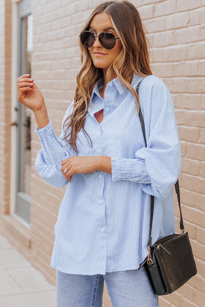 Kvinne Striped Lantern Sleeve Collared Shirt Polyester 6