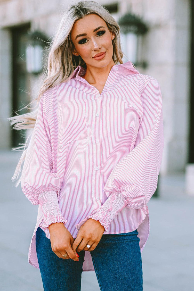 Kvinne Striped Lantern Sleeve Collared Shirt Polyester 9