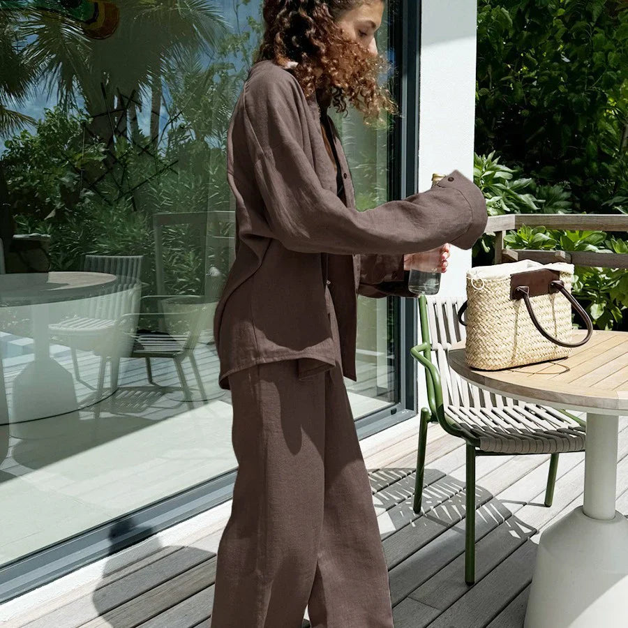 Kvinne To-delt Sett Oversized Knapp-Up Skjorte Linblanding Vide Bukser 4