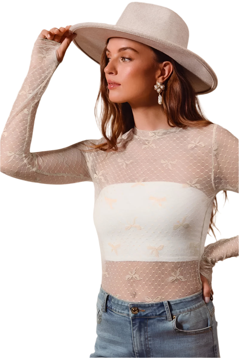 Kvinne Topp Gjennomsiktig Blonde Med Buebånd Mønster 0