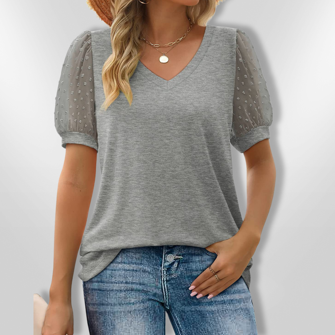 Kvinne Topp V-Hals Puffermansjetter Myk Pustende Tekstil 7