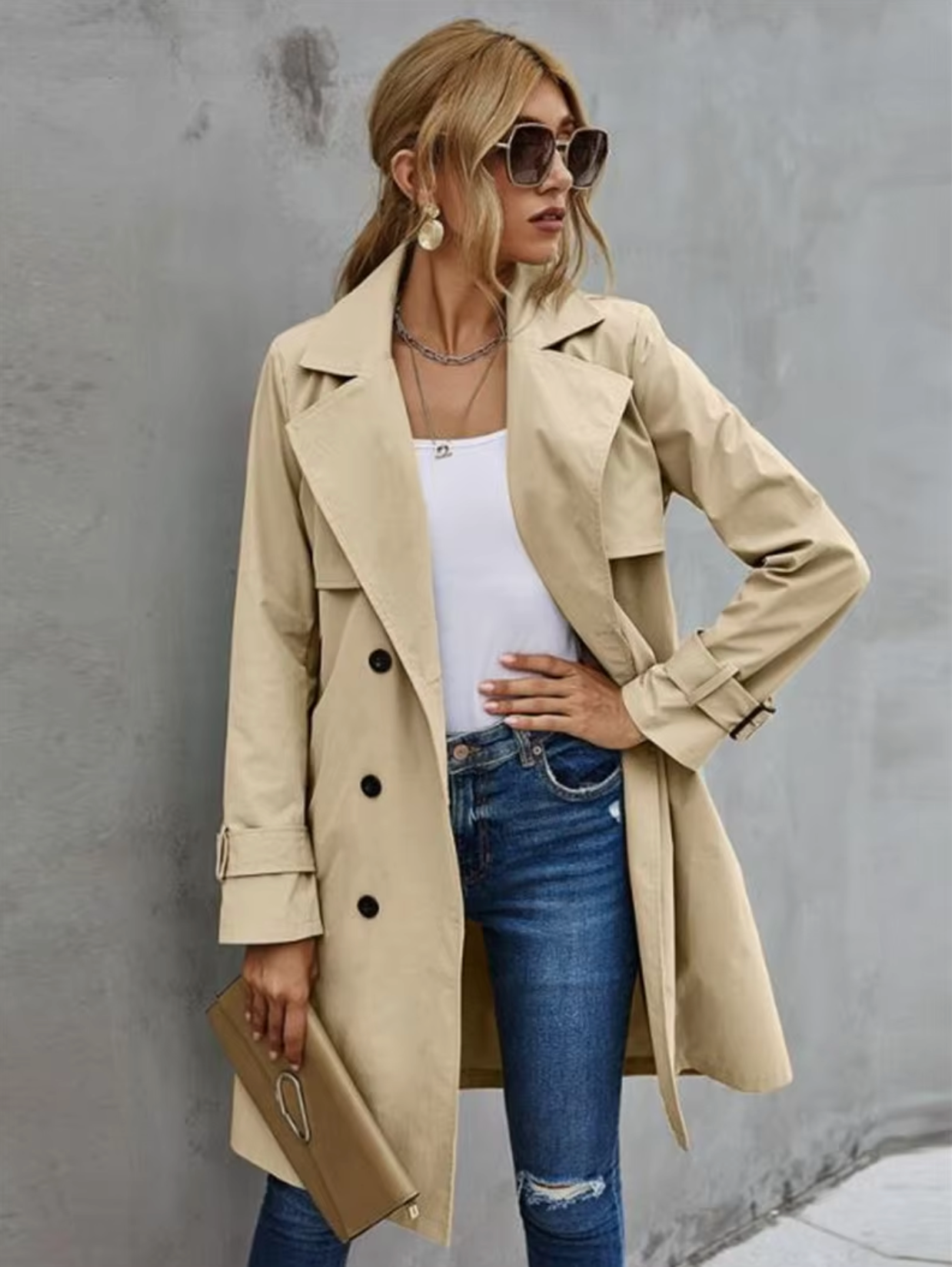 Kvinne Trench Coat med Dobbeltknappet Front 1