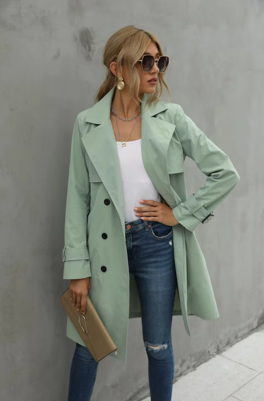 Kvinne Trench Coat med Dobbeltknappet Front 3