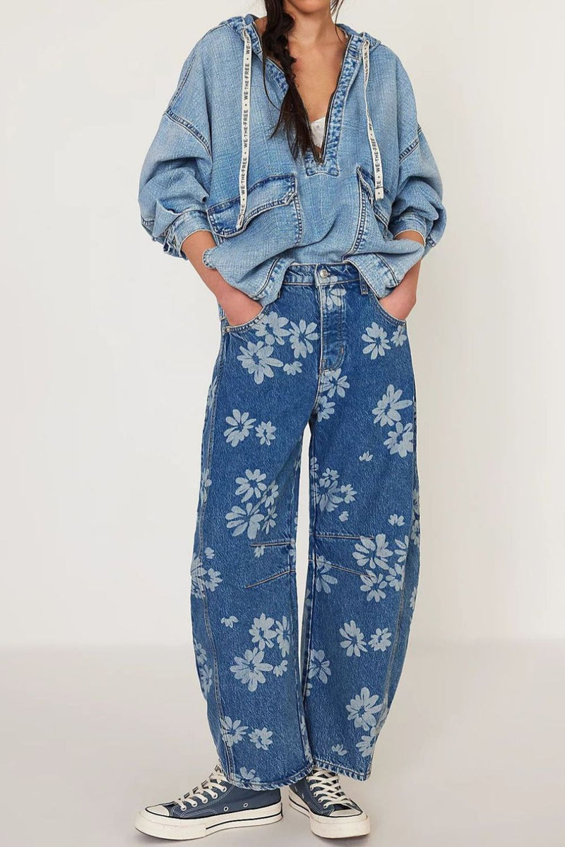 Kvinne Vide Jeans Blomstertrykk Rayon Polyester 1