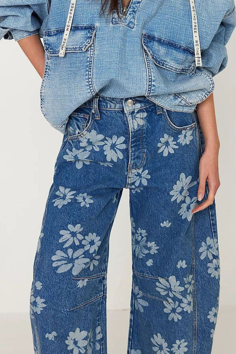 Kvinne Vide Jeans Blomstertrykk Rayon Polyester 3