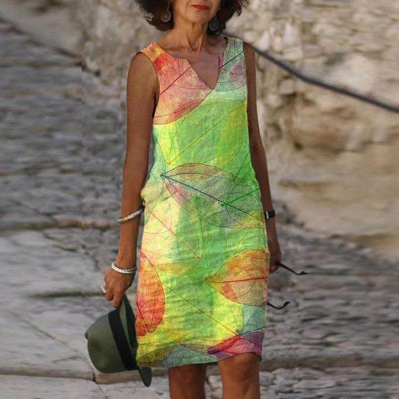 Kvinnenes Kjole med Bladtrykk og Uten Ermer 1